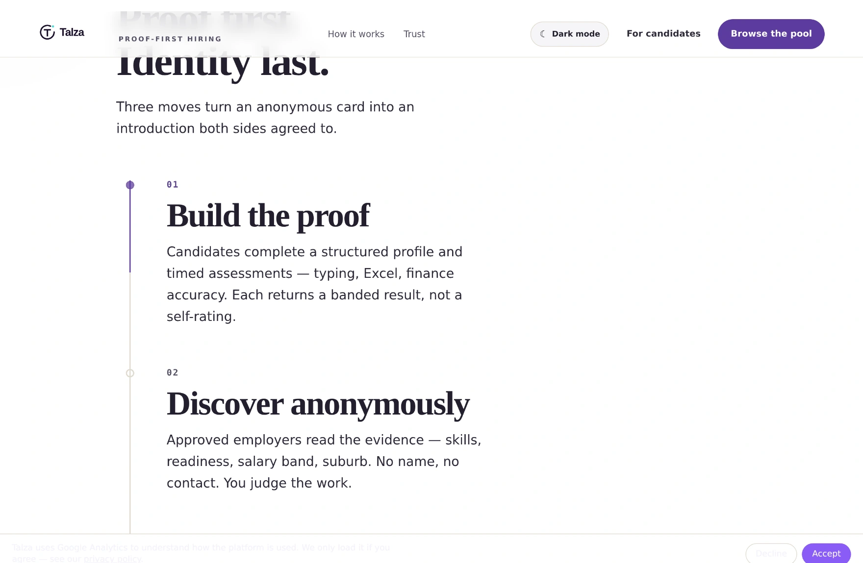 The Talza home page section headed 'Proof first. Identity last.', showing three steps: build the proof, discover anonymously, unlock on consent.