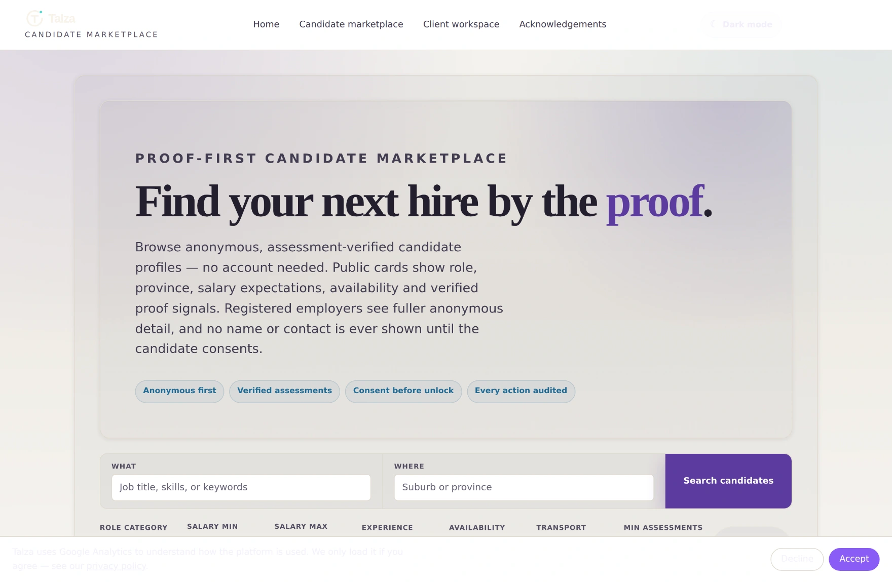 The Talza marketplace browse screen with filters for role, location, salary and experience, showing anonymous candidate cards.