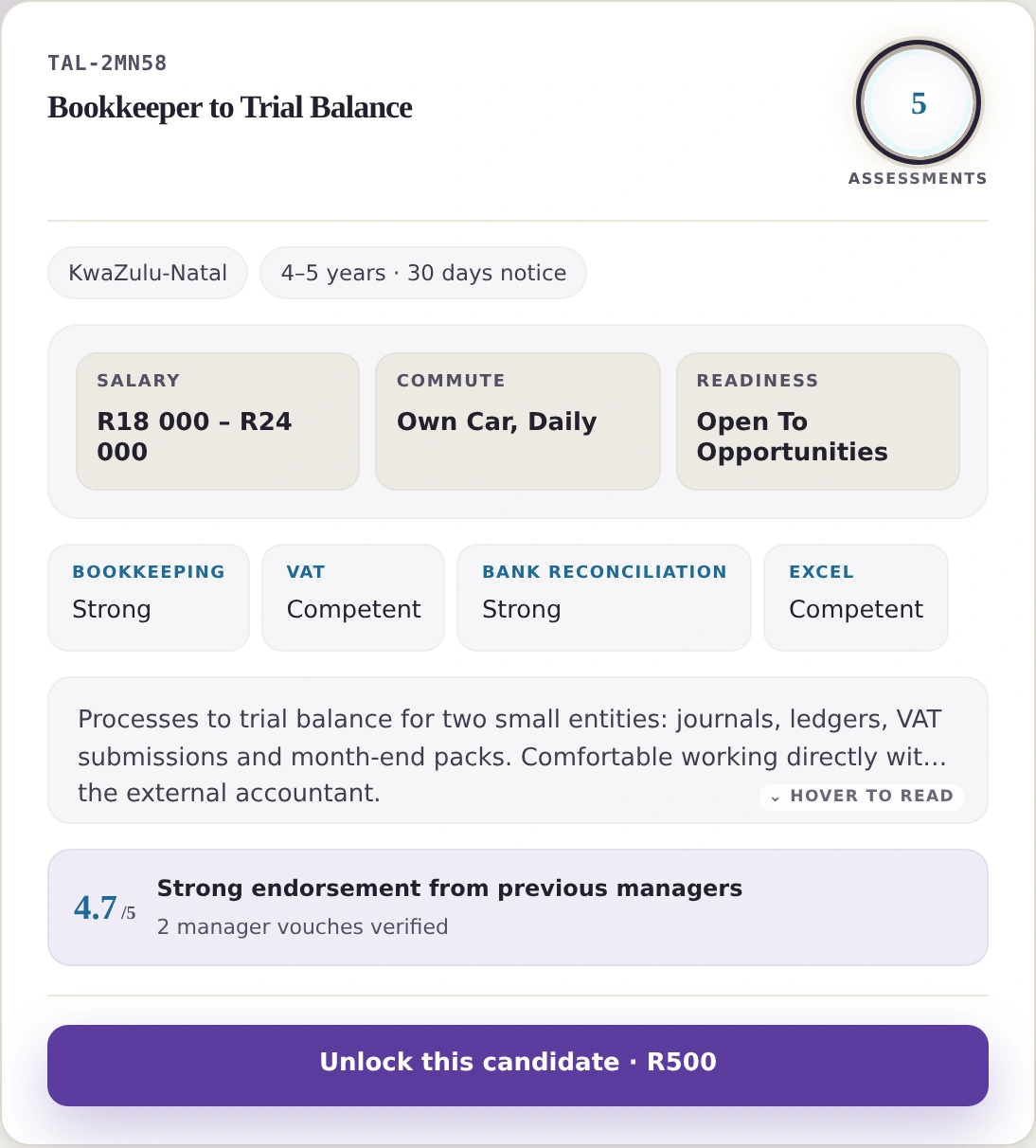 A single anonymous candidate card: code TAL-2MN58, role, province, experience band, salary band, commute, readiness, competency bands and a reference rating.