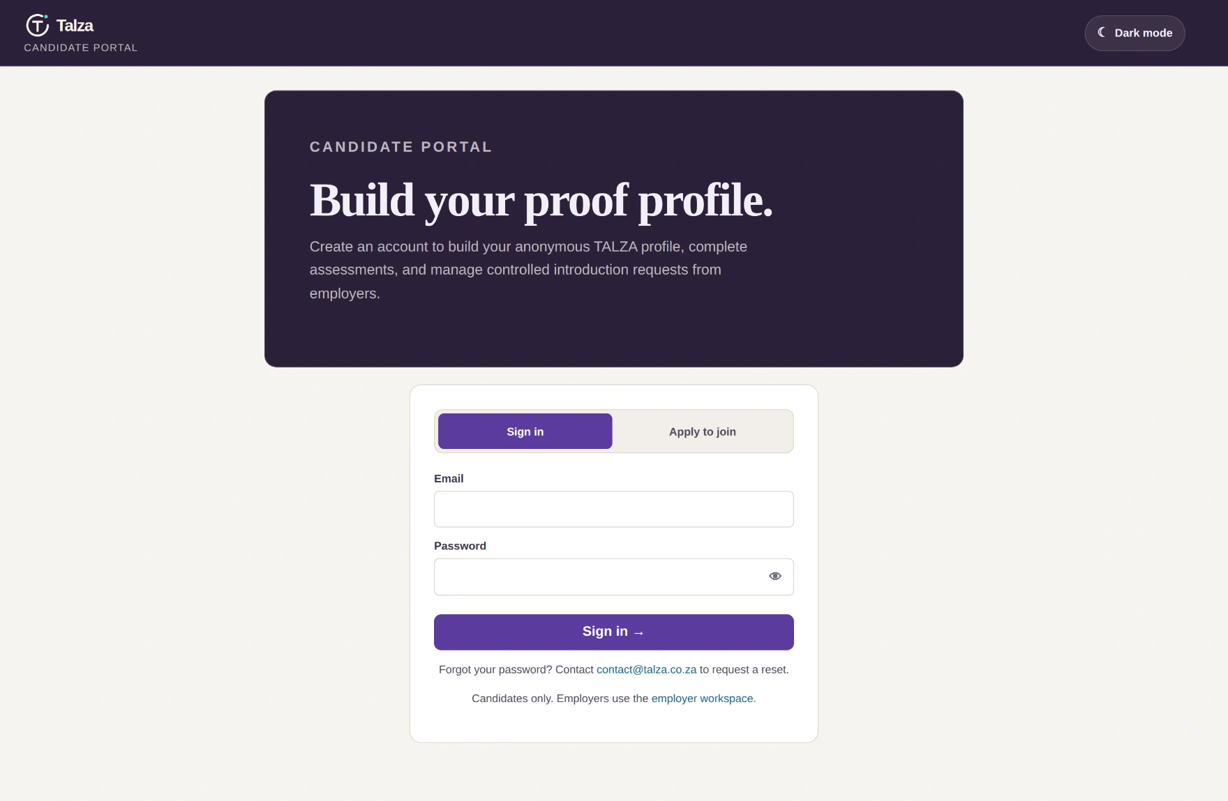 The Talza candidate portal sign-in form with email and password fields.