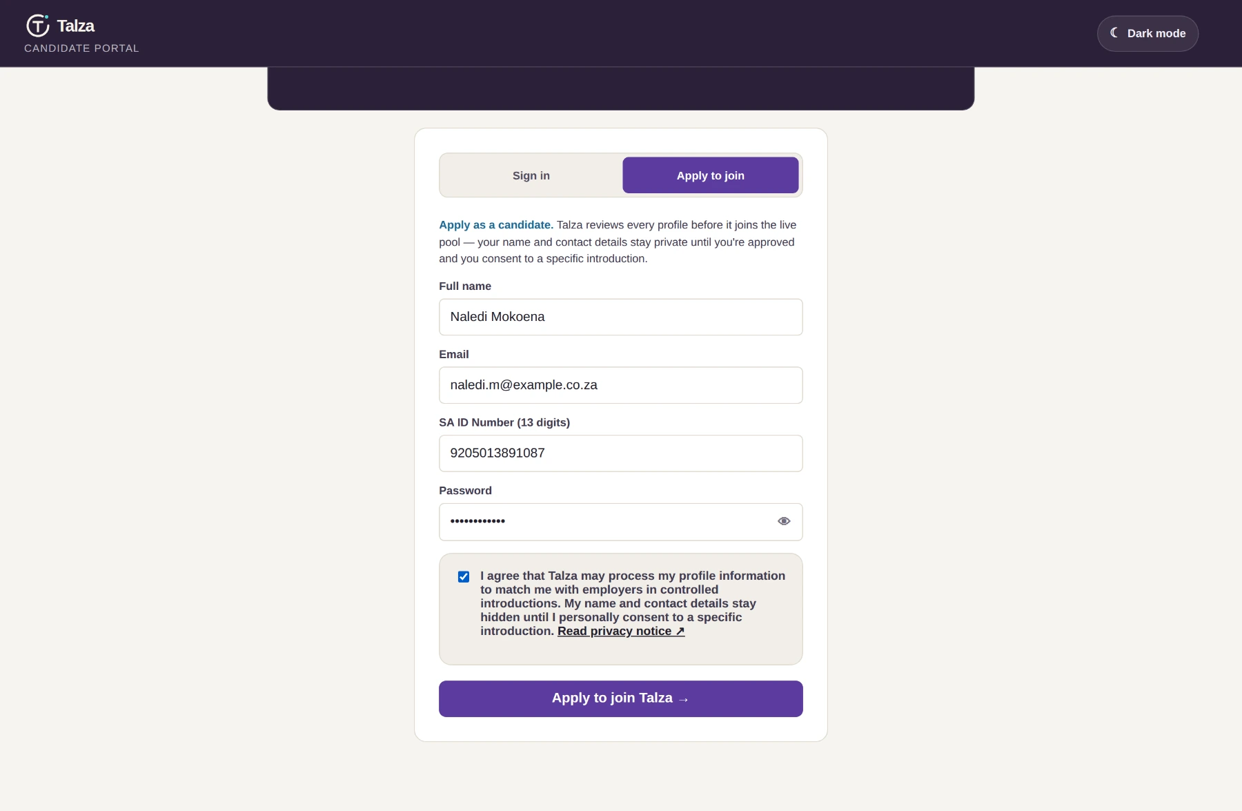 The Talza candidate portal apply form: full name, email, SA ID number, password, and a consent checkbox.