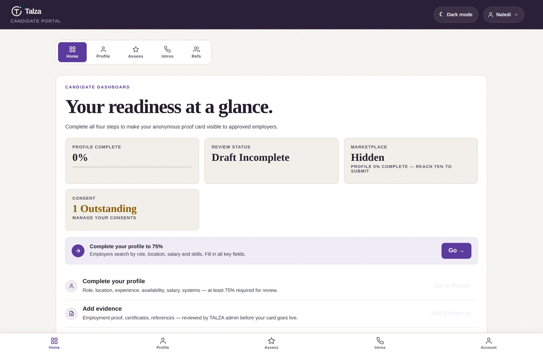 The candidate dashboard on first sign-in: profile 0% complete, review status Draft Incomplete, marketplace Hidden, one outstanding consent, and a next-step banner reading 'Complete your profile to 75%'.