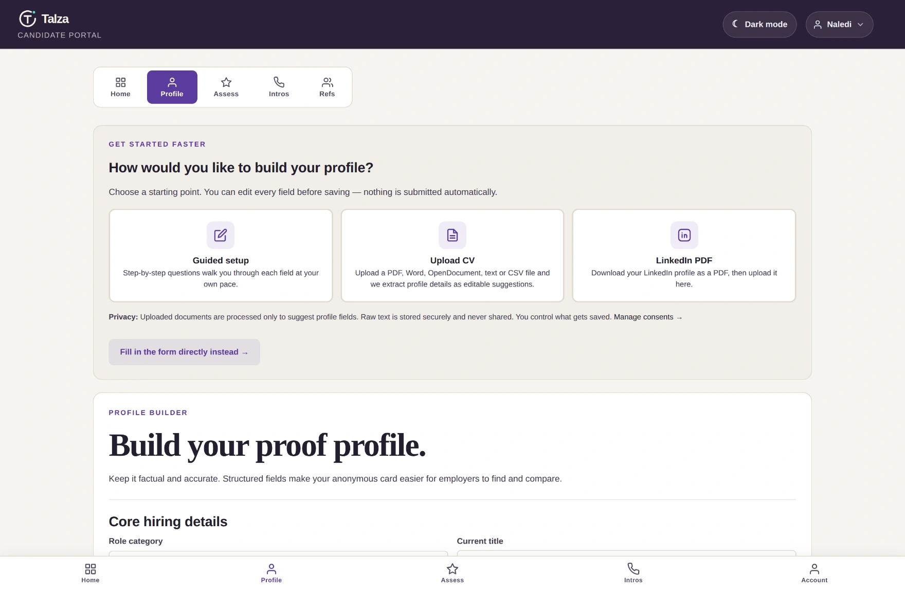 The profile builder chooser offering three options: guided step-by-step, upload an existing CV, or upload a LinkedIn PDF.