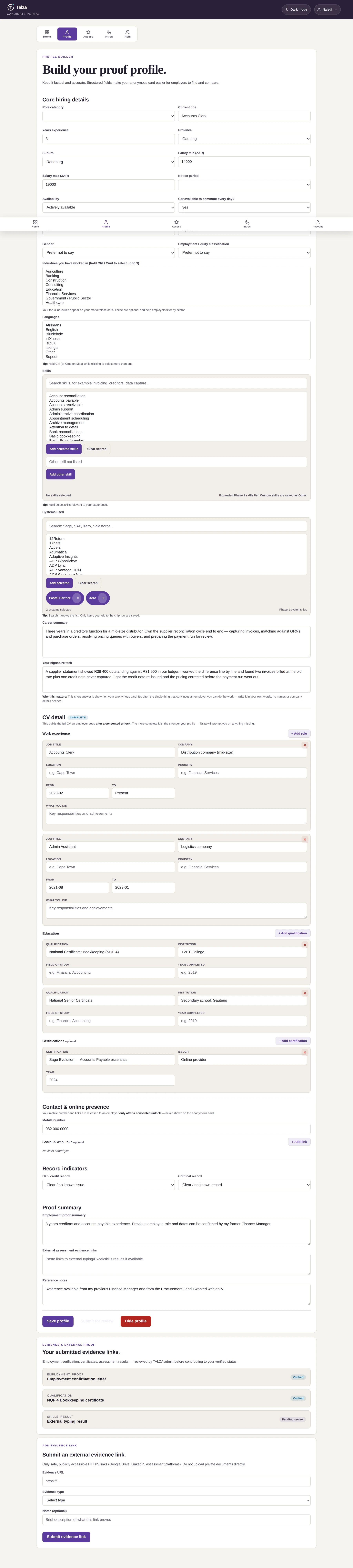 The full candidate profile form: core hiring details, industries, languages, skills, systems used, career summary, signature task, CV detail, contact, record indicators and proof summary.