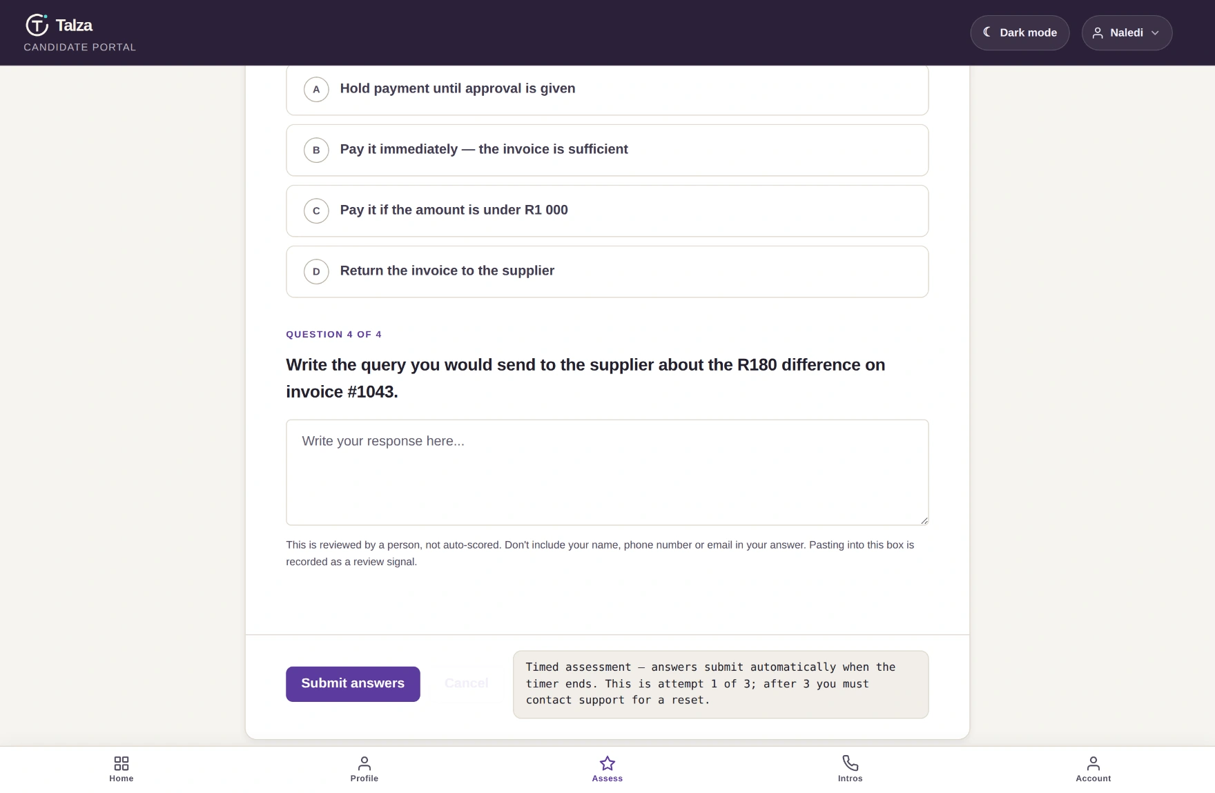 A live assessment question about a supplier statement discrepancy on invoice 1043, with four answer options, one selected.