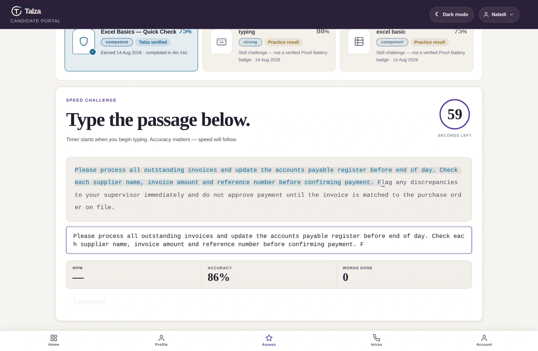 The 60-second typing challenge with the passage to type, a live timer ring, and live words-per-minute, accuracy and words-completed stats.