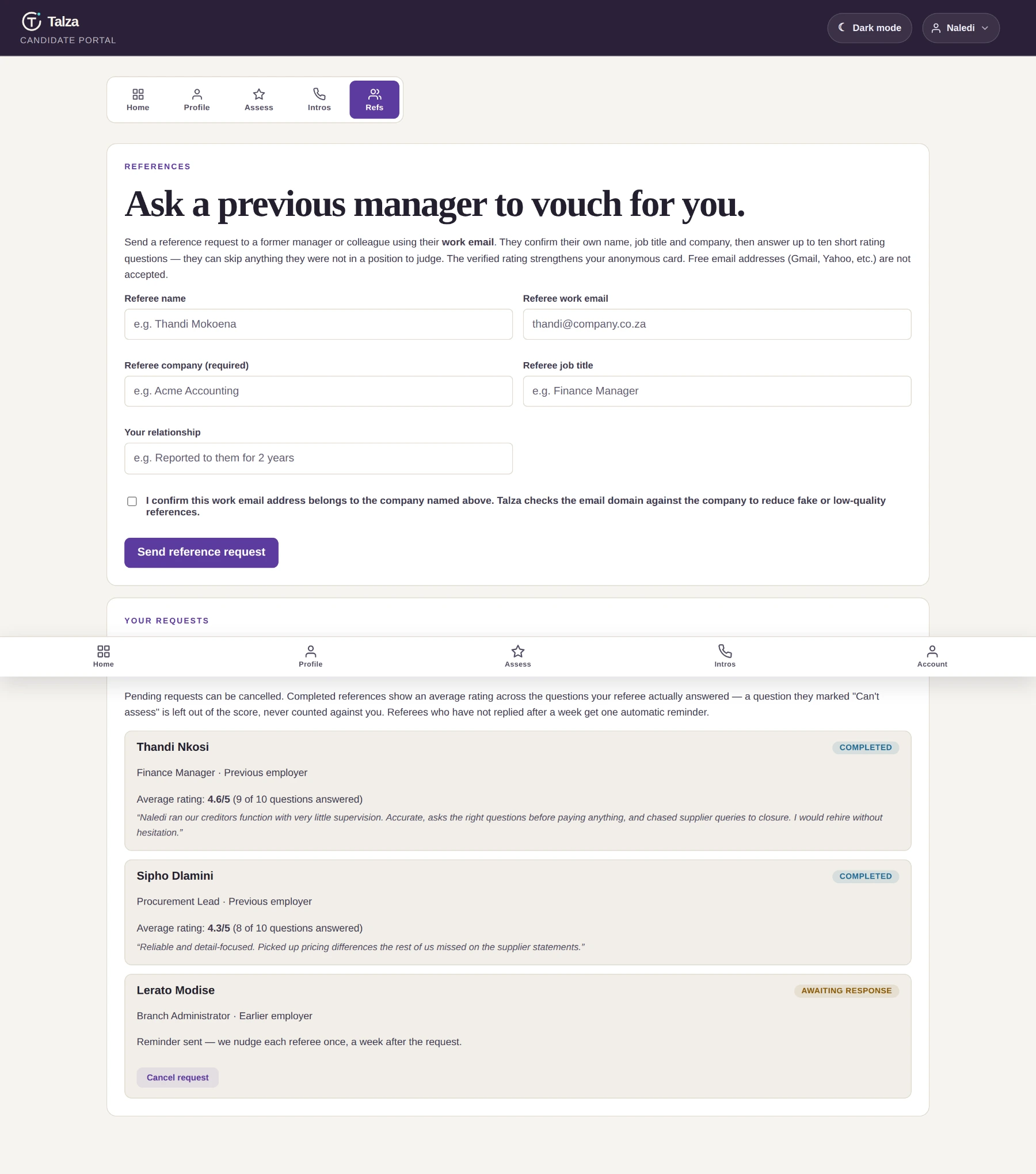 The references tab: the request form for a referee's name, work email, company, job title and relationship, plus a status list with completed references showing average ratings and comments.