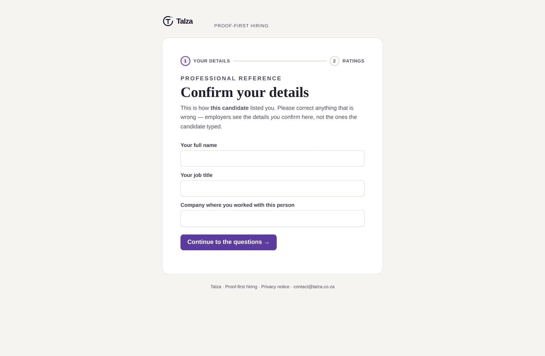 The public reference page a referee sees, asking them to confirm their full name, job title and the company where they worked with the candidate before continuing to the rating questions.