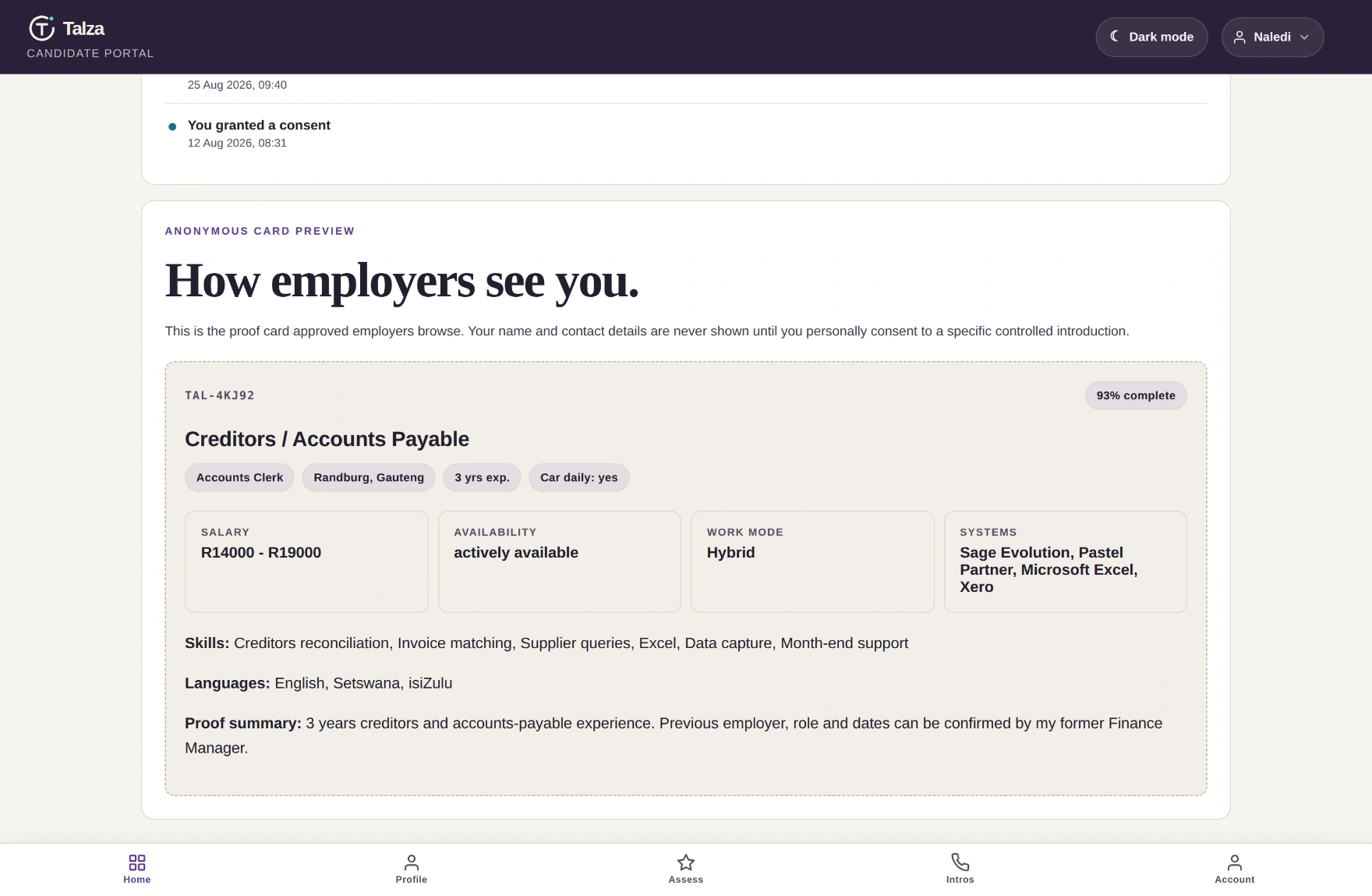 The 'How employers see you' preview showing the candidate code, role, badges for title, location, experience and transport, and a signal grid with salary, availability, work mode and systems.