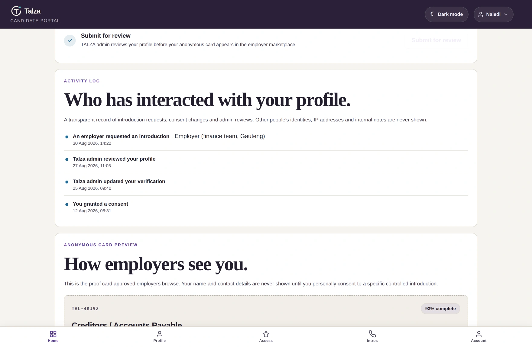 The candidate activity log listing events: an employer requesting an introduction, a Talza admin reviewing the profile, a verification update and a granted consent, each timestamped.