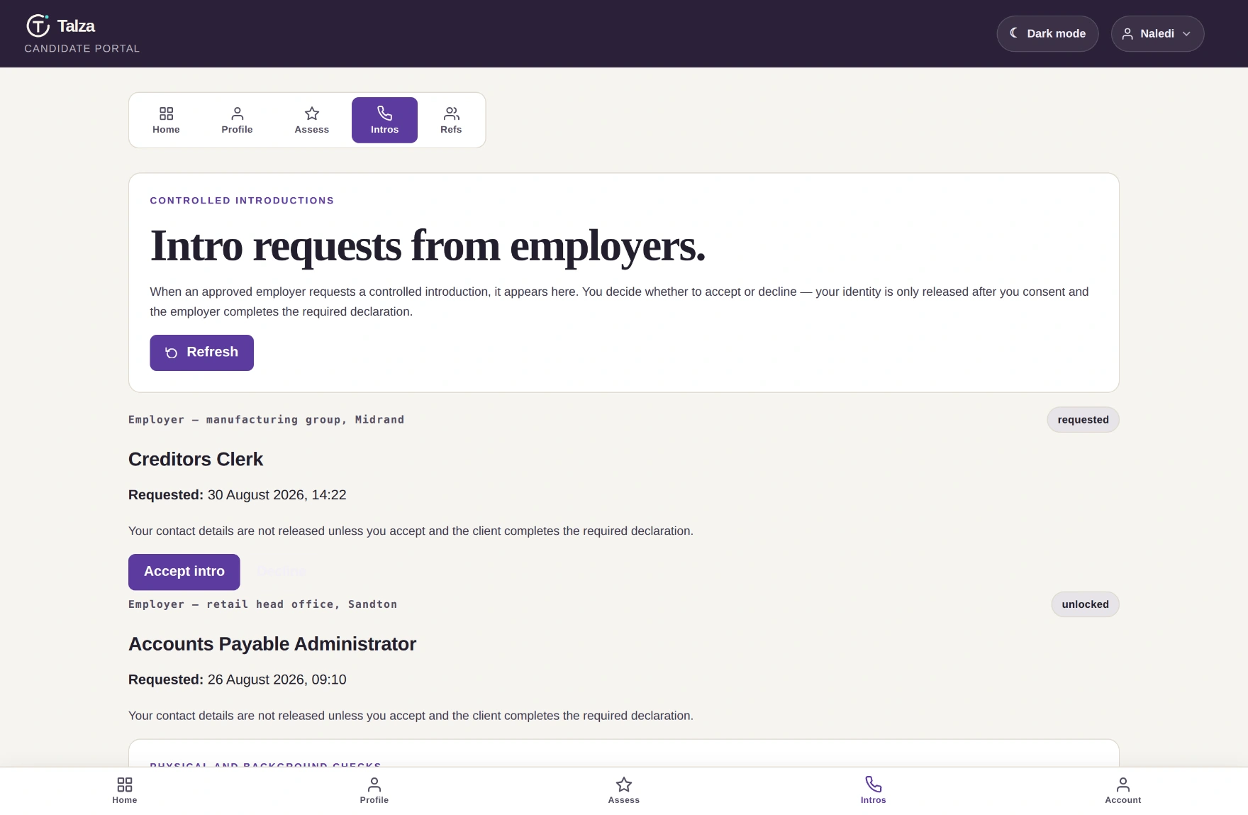The controlled introductions inbox showing an intro request from a manufacturing group in Midrand for a Creditors Clerk role with Accept and Decline buttons, and a previously unlocked request from a retail head office.
