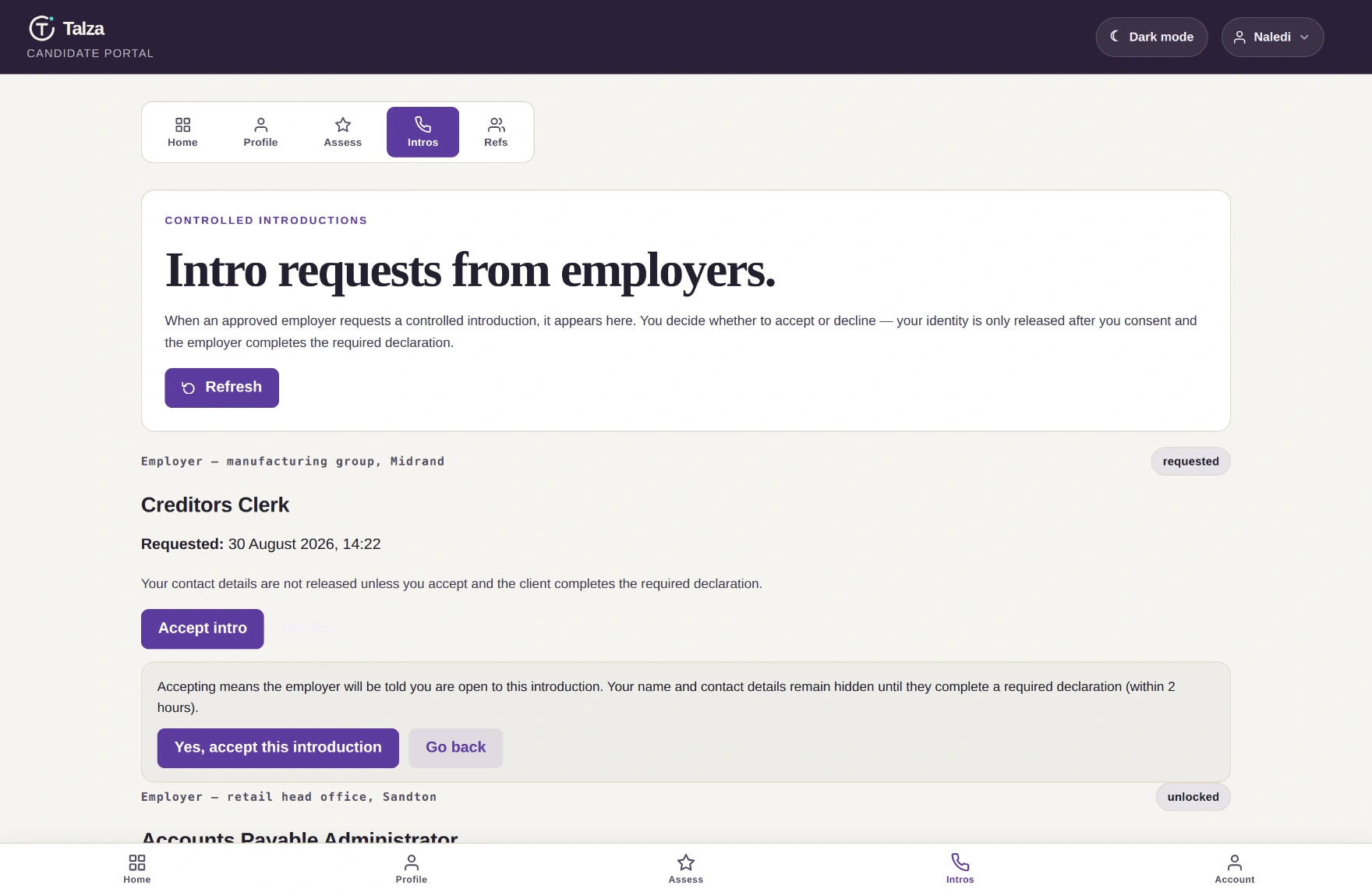 The introduction inbox showing a confirmation step before accepting, explaining what will be released, with confirm or cancel.