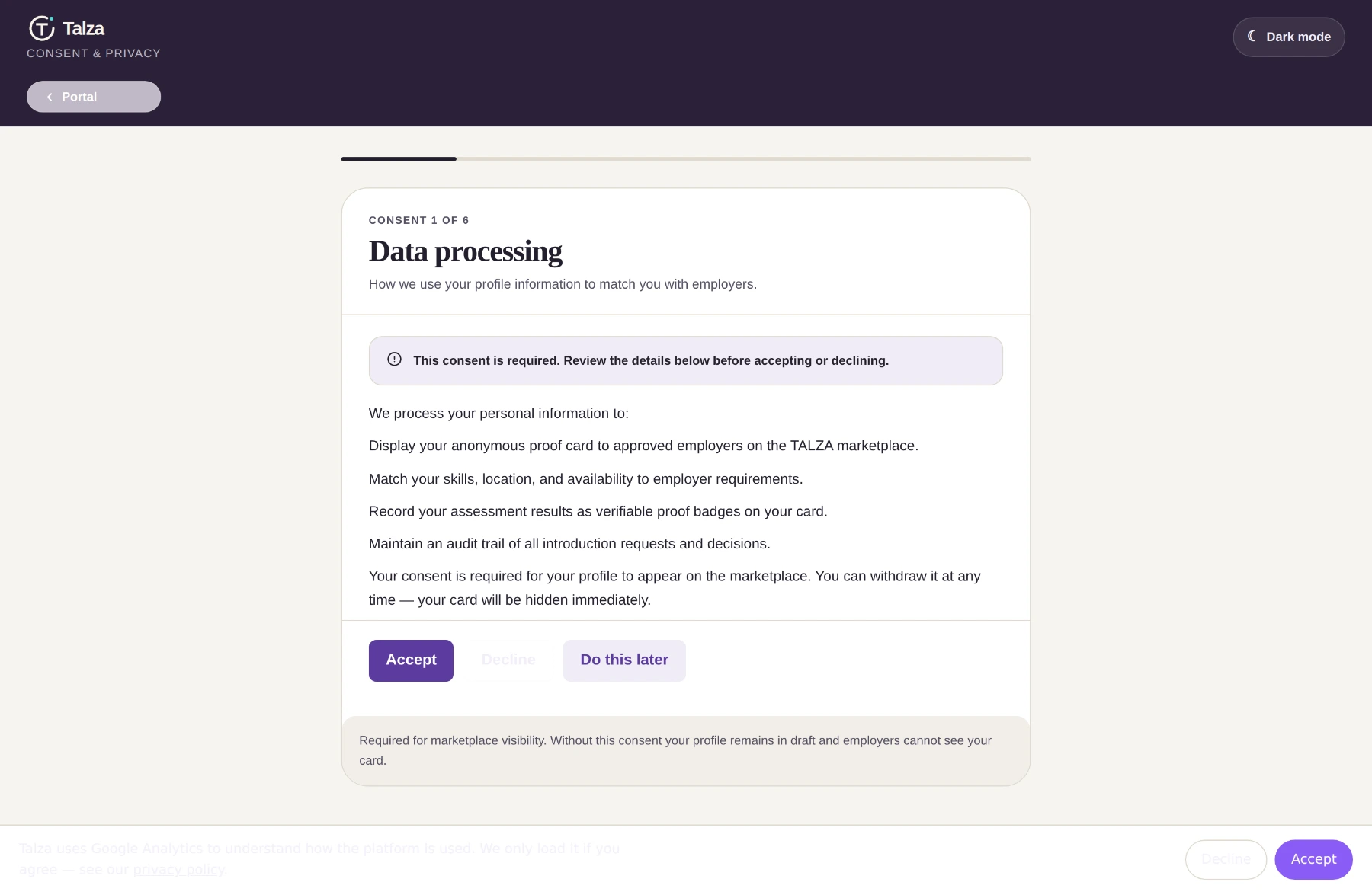 The Talza consent centre showing a consent record with each consent type, when it was granted, and options to review or withdraw.