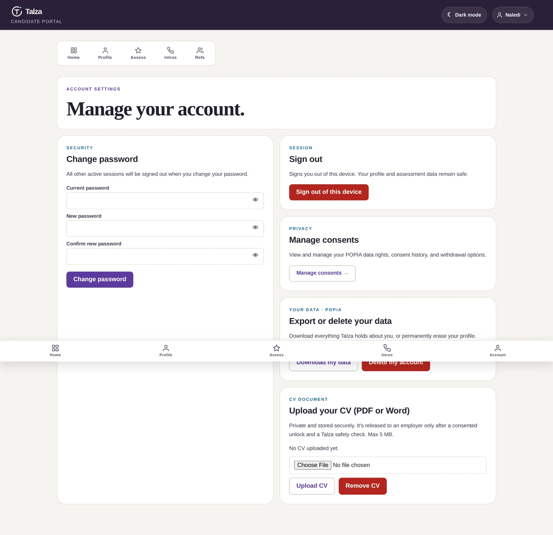 The candidate account page showing change password, sign out, manage consents, POPIA export and delete controls, and CV upload.