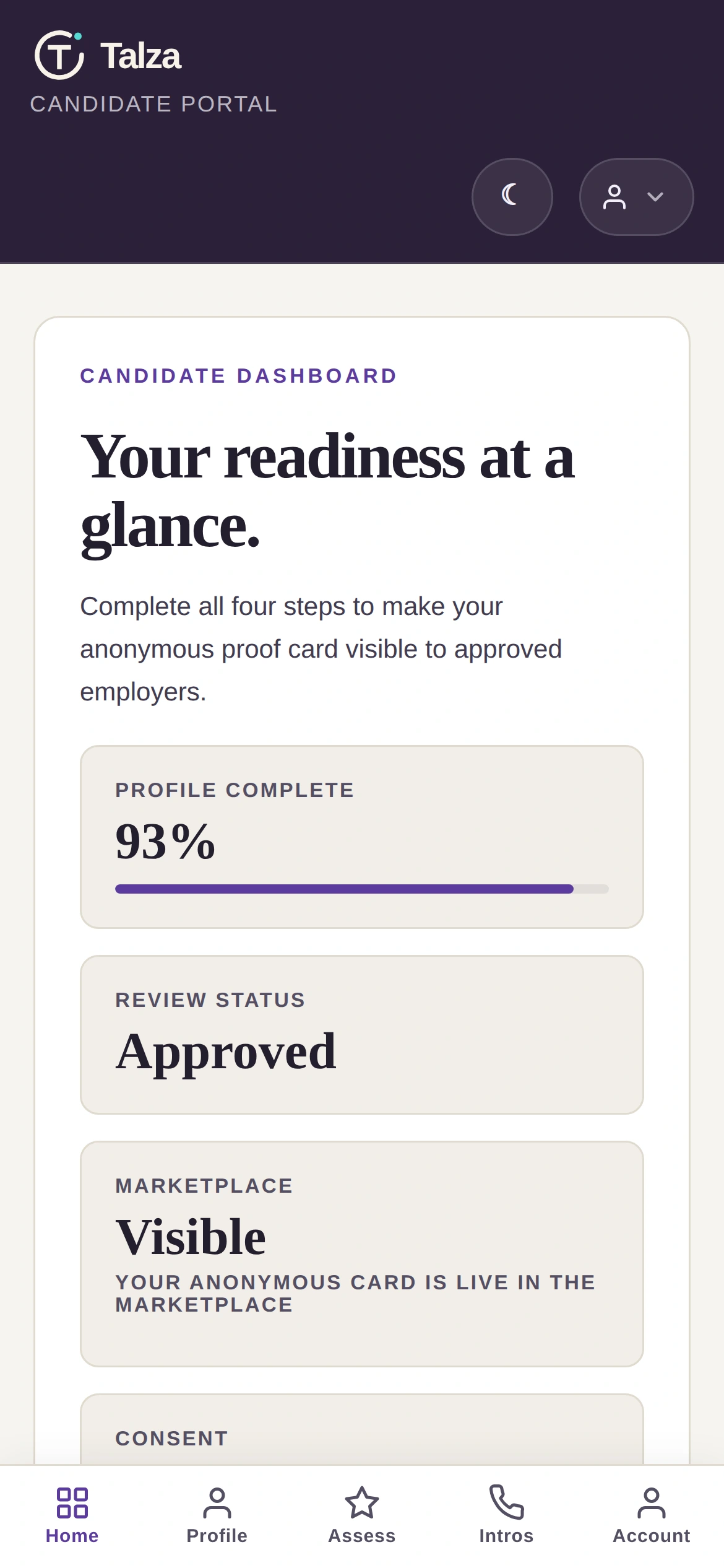 The Talza candidate dashboard on a phone: readiness tiles stacked vertically and a bottom navigation bar with Home, Profile, Assess, Intros and Account.